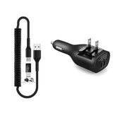 2-in-1 Car Home Charger Coiled USB Cable Micro-USB to USB-C Adapter Charger Cord Power Wire Black - ZDE96
