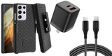 Belt Clip Case and Fast Home Charger Combo Swivel Holster PD Fast Charger Cord 6ft Long USB-C Cable Kickstand Cover 2-Port Quick Charge - ZDA85+G88