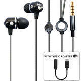 Wired Headphones Hi-Fi Sound Earphones - USB-C Adapter - Black - Fonus P10