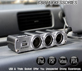 3-Port Socket Car DC Charger Adapter Splitter with USB - M60