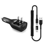 2-in-1 Car Home Charger Coiled USB Cable Micro-USB to USB-C Adapter Charger Cord Power Wire Black  - ZDE96 1882-1