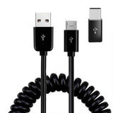2-in-1 Car Home Charger Coiled USB Cable Micro-USB to USB-C Adapter Charger Cord Power Wire Black - ZDE96