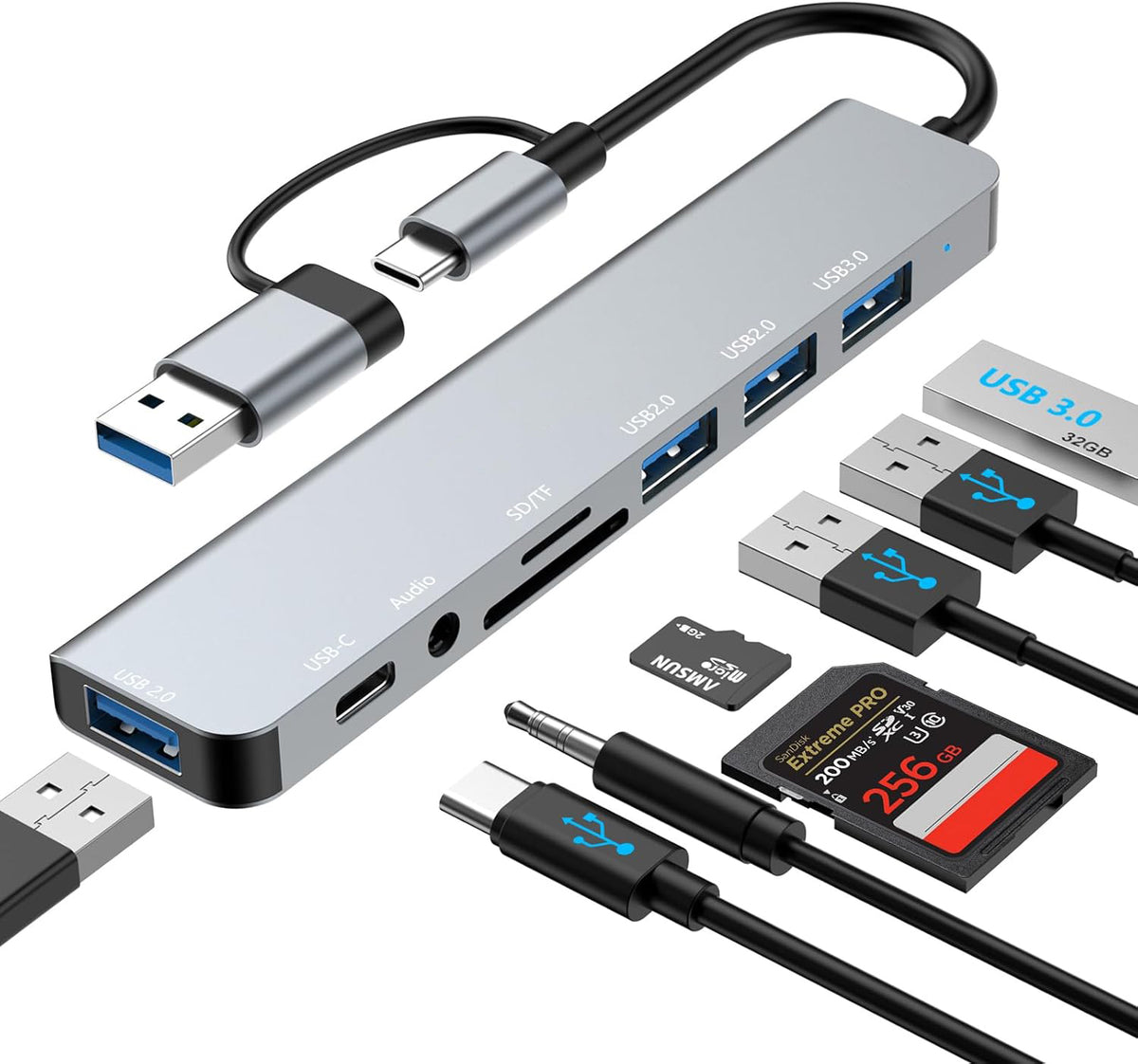 8-in-1 USB-C Adapter USB-A to TYPE-C Hub Memory Card Reader Multiport ...