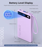 10000mAh Purple Power Bank 22.5W PD Fast Charge  Thinner Backup Battery Portable Charger Built-in Cable LED Display  - ZDXW245 2601-7