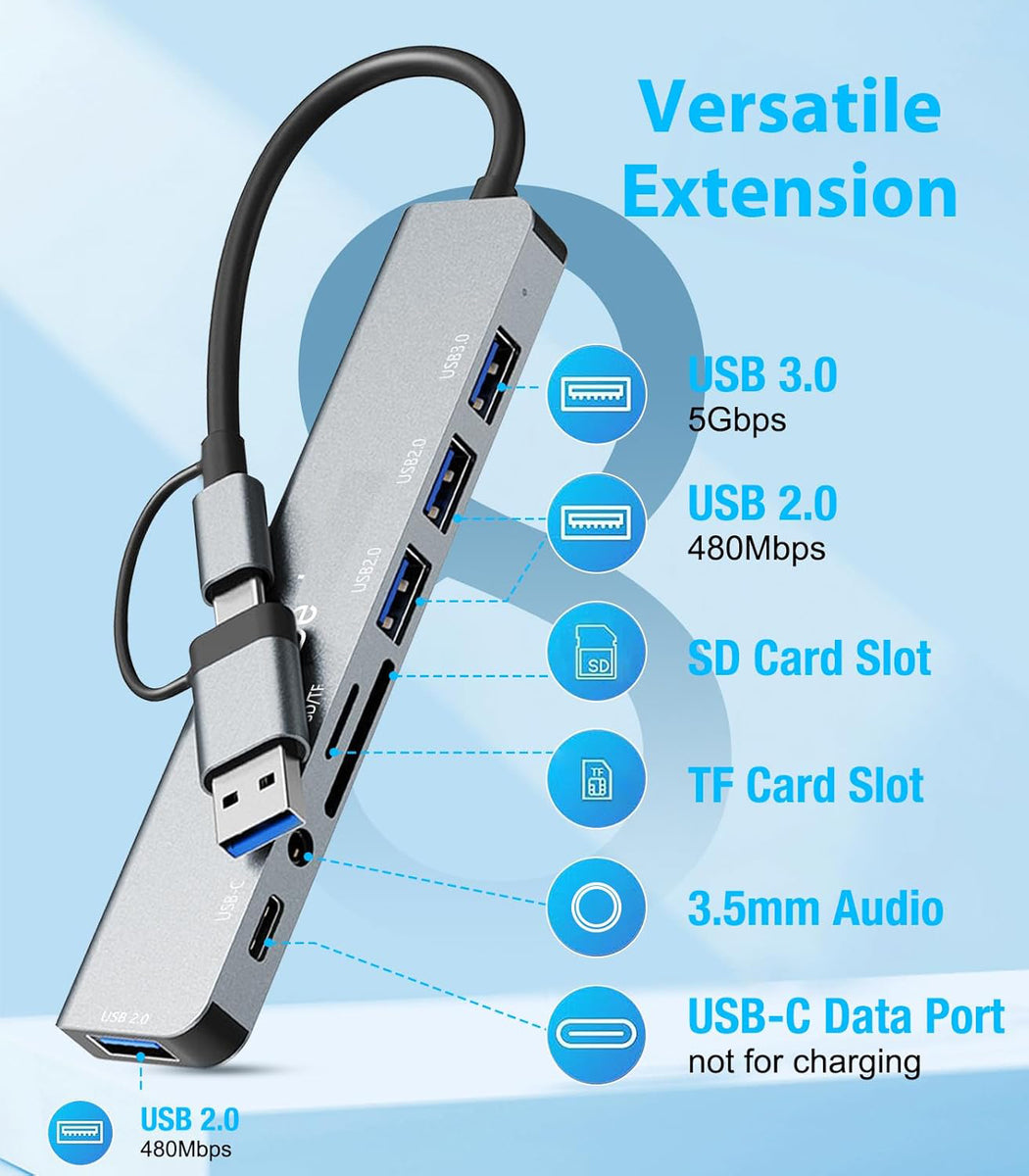 8-in-1 USB-C Adapter USB-A to TYPE-C Hub Memory Card Reader Multiport ...
