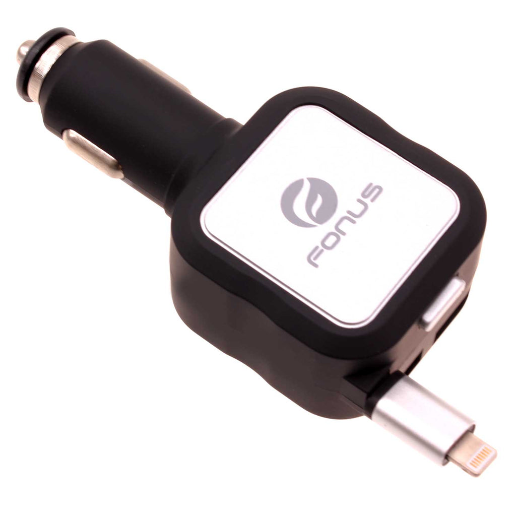 Retractable Car Charger 2-Port USB - One QC3.0 Port - Lightning