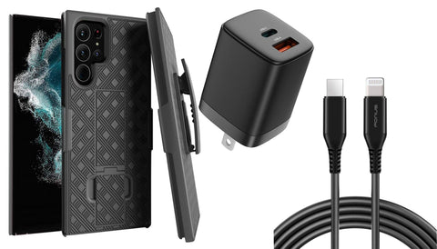 Belt Clip Case and Fast Home Charger Combo Swivel Holster PD Type-C Power Adapter 6ft Long USB-C Cable Kickstand Cover 2-Port Quick Charge - ZDZ53+G88