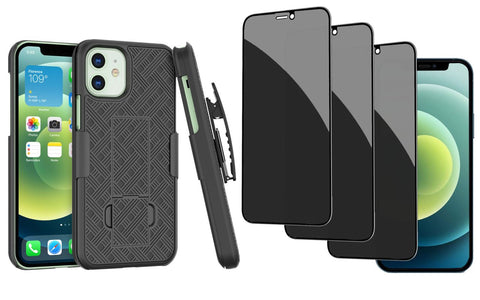 Belt Clip Case and 3 Pack Privacy Screen Protector Swivel Holster Tempered Glass Kickstand Cover Anti-Spy Anti-Peep - ZDC26+3G56