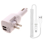 2-in-1 Car Home Charger Coiled USB Cable Micro-USB to USB-C Adapter Charger Cord Power Wire Folding Prongs - ZDK12