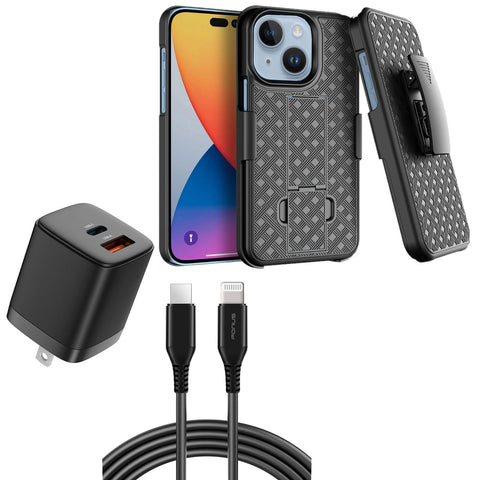 Belt Clip Case and Fast Home Charger Combo Swivel Holster PD Type-C Power Adapter 6ft Long USB-C Cable Kickstand Cover 2-Port Quick Charge - ZDZ17