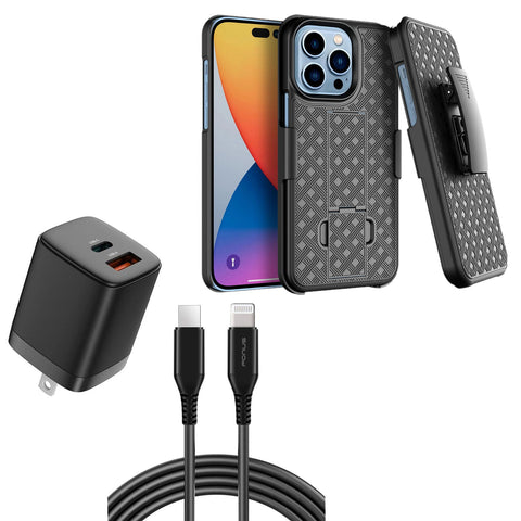 Belt Clip Case and Fast Home Charger Combo Swivel Holster PD Type-C Power Adapter 6ft Long USB-C Cable Kickstand Cover 2-Port Quick Charge - ZDZ16