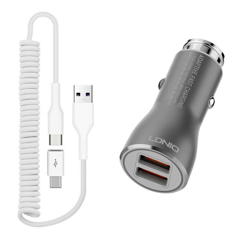 Car Charger 36W Fast 2-Port USB Coiled Cable Type-C Quick Charge - ZDK21