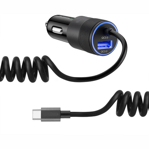 36W Fast Car Charger USB-C Power Adapter Coiled Type-C Cable Extra USB Port DC Socket - ZDJ27