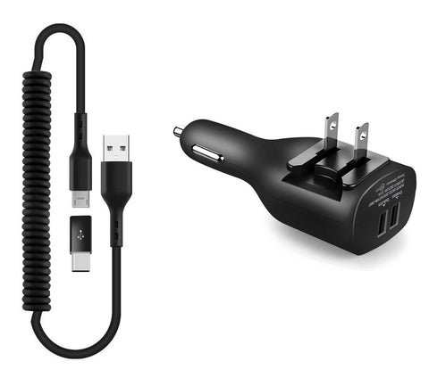 2-in-1 Car Home Charger Coiled USB Cable Micro-USB to USB-C Adapter Charger Cord Power Wire Black - ZDE96