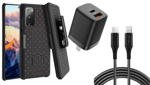 Belt Clip Case and Fast Home Charger Combo Swivel Holster PD Type-C Power Adapter 6ft Long USB-C Cable Kickstand Cover 2-Port Quick Charge - ZDA83+G88