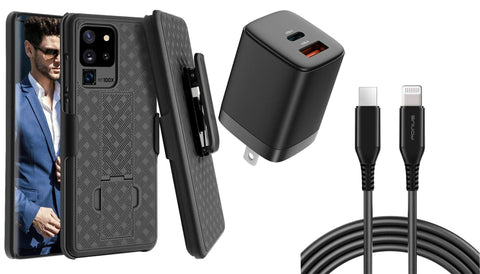 Belt Clip Case and Fast Home Charger Combo Swivel Holster PD Type-C Power Adapter 6ft Long USB-C Cable Kickstand Cover 2-Port Quick Charge - ZDSC1+G88
