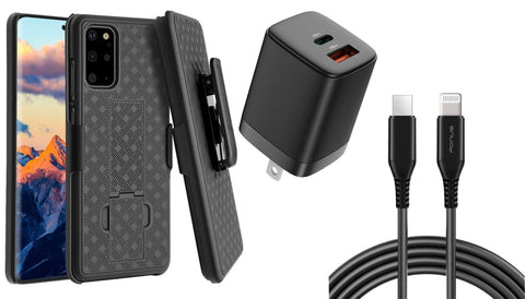 Belt Clip Case and Fast Home Charger Combo Swivel Holster PD Type-C Power Adapter 6ft Long USB-C Cable Kickstand Cover 2-Port Quick Charge - ZDSC2+G88