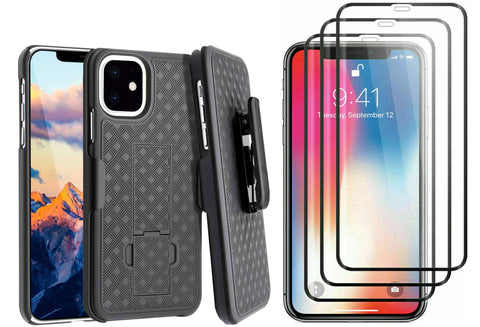 Belt Clip Case and 3 Pack Screen Protector Swivel Holster Tempered Glass Kickstand Cover Matte 3D Curved Edge - ZDJ44+3R62