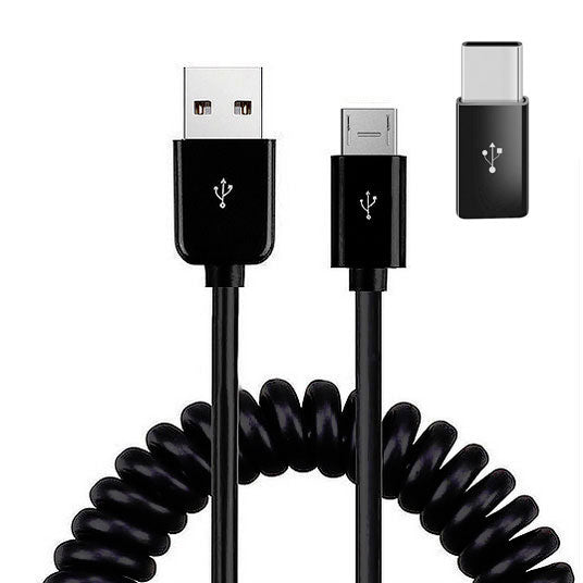 Coiled USB Cable Charger Cord Micro-USB to USB-C Adapter Power Wire Sy ...