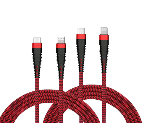 6ft and 10ft Long PD USB-C Cables Fast Charge Power Cord Type-C to iPhone Wire Sync Red Braided - ZDY56