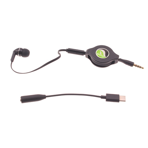Retractable Headphone Mono Earphone - USB-C Adapter - Single Earbud - Black - Fonus S35